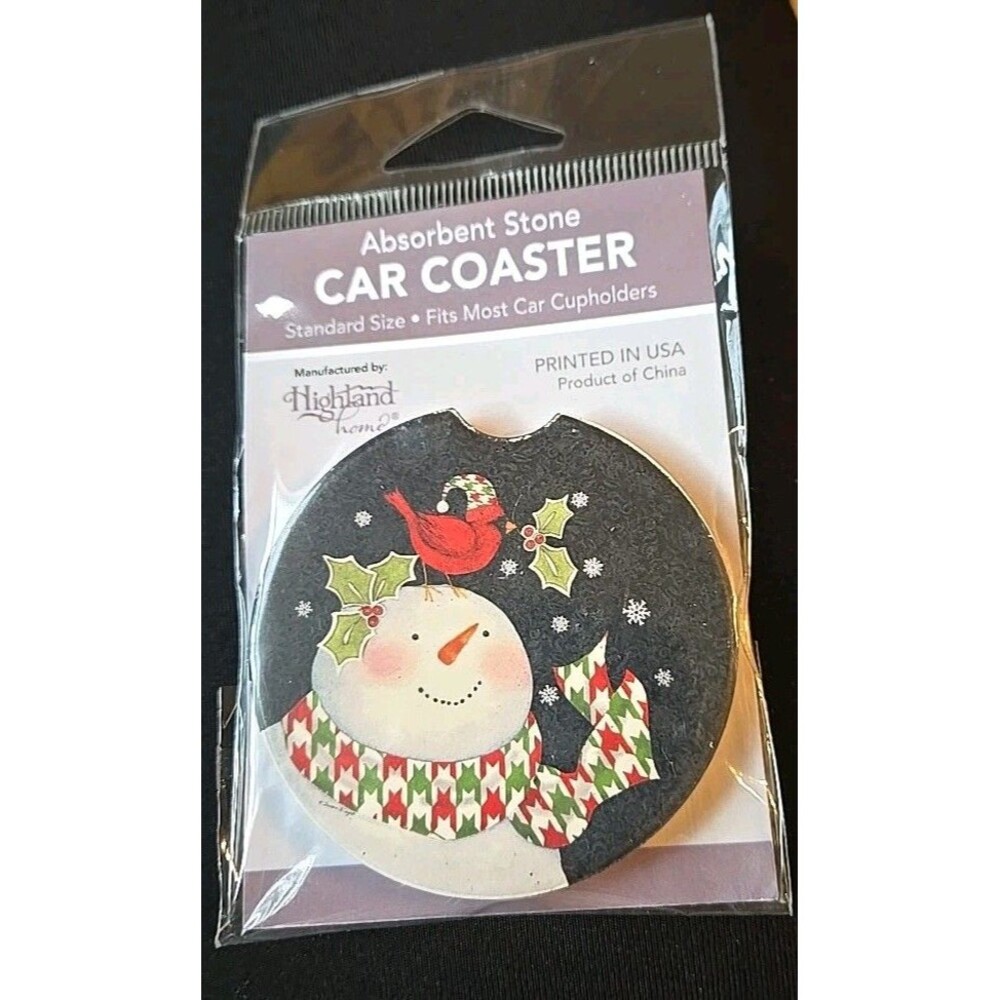 Absorbent Stone Holiday Snowman Car Coaster Highland Home Robert Stanley w/ Bird